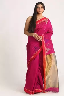 Dark Pink Cotton Blend Handloom Jamdani Saree