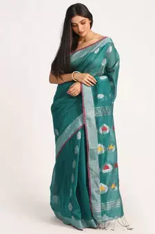 Teal Cotton Blend Handloom Jamdani Saree