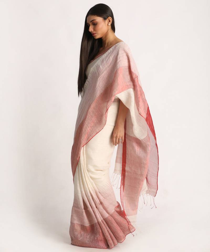 Design Zari Border Off White Handloom Traditional Linen Saree