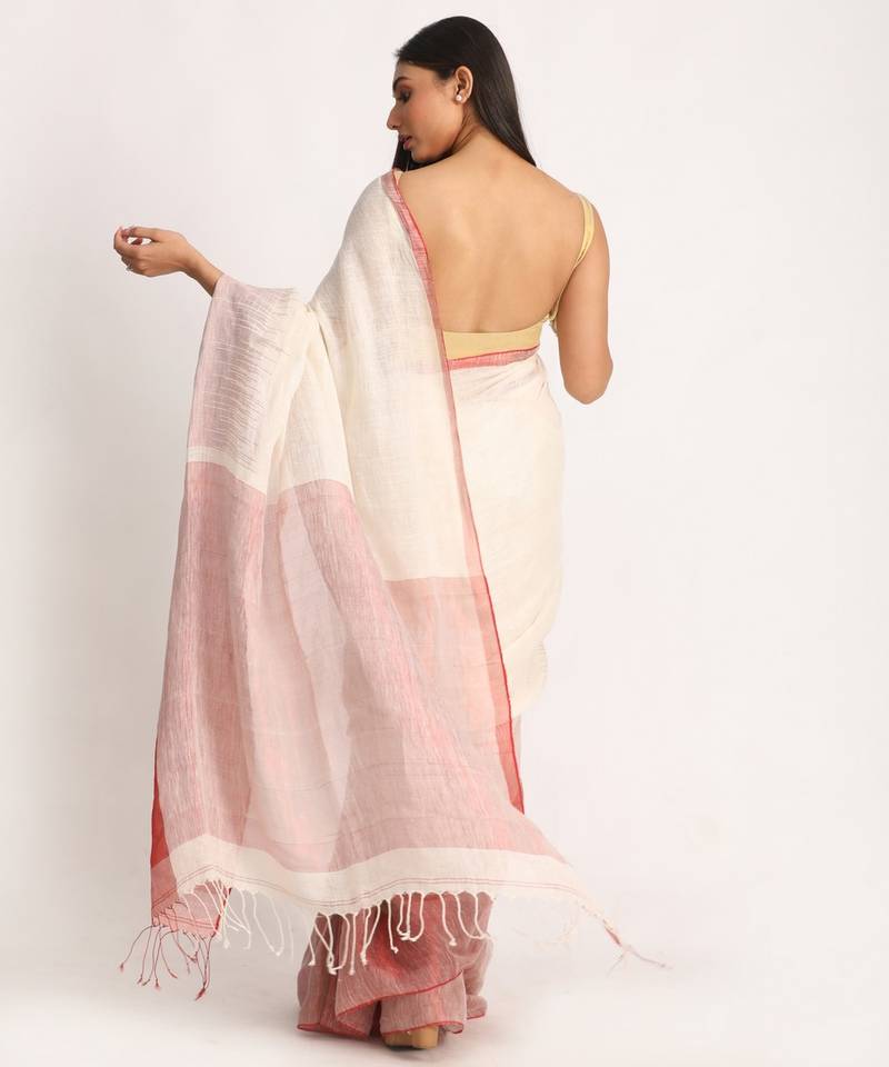Design Zari Border Off White Handloom Traditional Linen Saree
