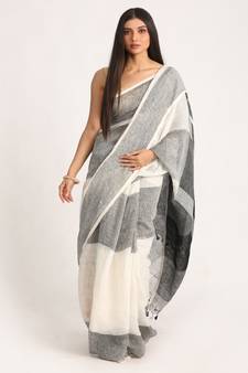 White Black Traditional Handloom Linen Saree