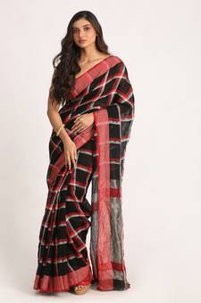 Black Red Traditional Check Linen Handloom Saree