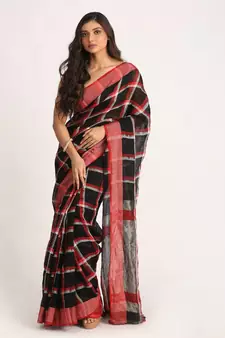 Black Red Traditional Check Linen Handloom Saree