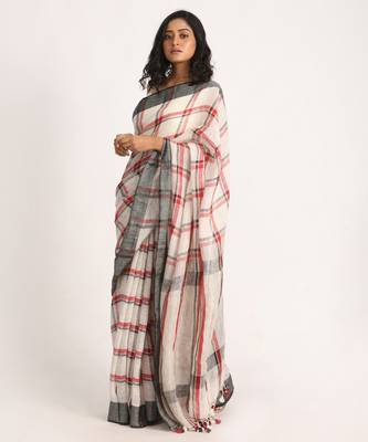Off White Red Traditional Check Linen Handloom Saree 1