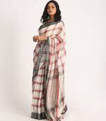 Off White Red Traditional Check Linen Handloom Saree
