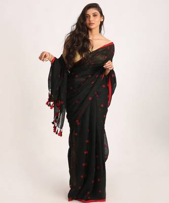 Black Traditional Handloom Linen Jamdani Saree 1