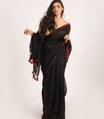 Black Traditional Handloom Linen Jamdani Saree