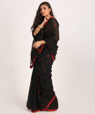 Black Traditional Handloom Linen Jamdani Saree 2