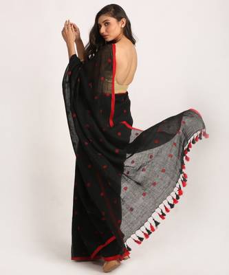 Black Traditional Handloom Linen Jamdani Saree 3