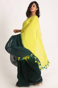 Lemon Dark GreenTraditional Handloom Linen Saree
