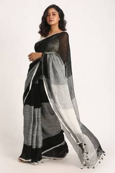 Black Grey Traditional Handloom Linen Saree