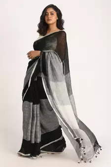 Black Grey Traditional Handloom Linen Saree