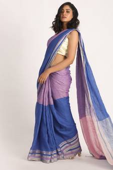 Royel Blue Light Pink Traditional Handloom Linen Saree