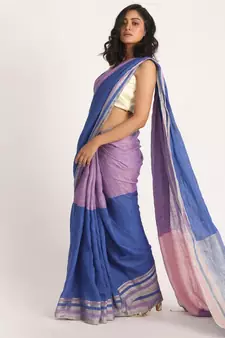 Royel Blue Light Pink Traditional Handloom Linen Saree
