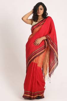 Red Mustard Traditional Handloom Linen Saree
