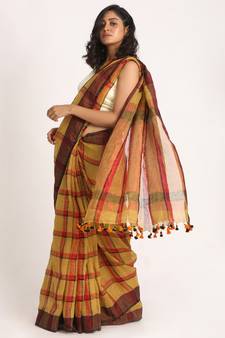 Muga Red Traditional Check Linen Handloom Saree