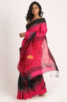 Fuchsia Black Cotton Blend Handloom Tie Dye Jamdani Saree
