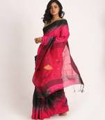 Fuchsia Black Cotton Blend Handloom Tie Dye Jamdani Saree