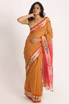 Kotki Border Yellow Orange Cotton Blend Handloom Saree