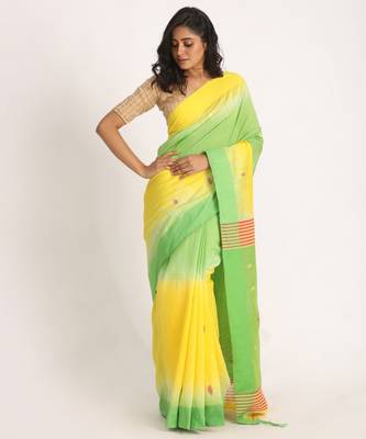 Yellow Green Cotton Blend Handloom Tie Dye Jamdani Saree 1