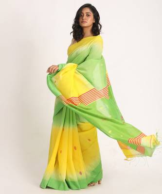 Yellow Green Cotton Blend Handloom Tie Dye Jamdani Saree 2