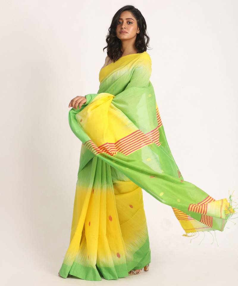 Yellow Green Cotton Blend Handloom Tie Dye Jamdani Saree