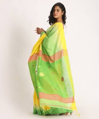 Yellow Green Cotton Blend Handloom Tie Dye Jamdani Saree 3