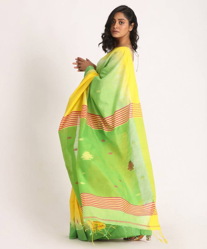 Yellow Green Cotton Blend Handloom Tie Dye Jamdani Saree