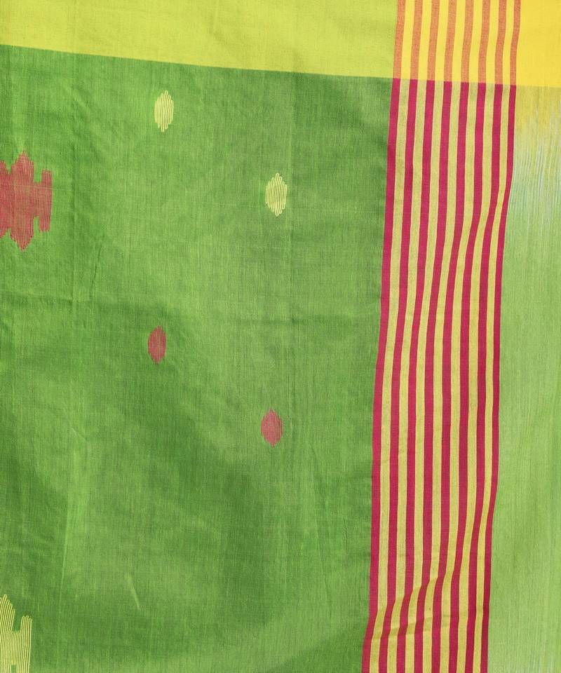 Yellow Green Cotton Blend Handloom Tie Dye Jamdani Saree