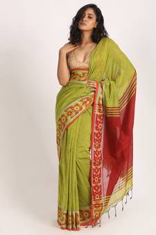Green Yellow Handloom Cotton Tangail Saree