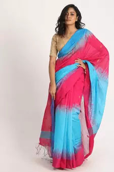 Fuchsia Aqua Blue Cotton Blend Handloom Tie Dye Jamdani Saree