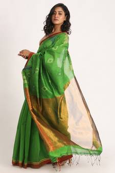 Parrot Green Cotton Blend Handloom Jamdani Saree