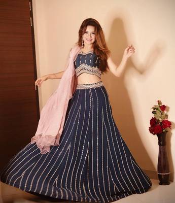Bieth Blue Embroidered Georgette Semi Stitched Lehenga And Unstitched Blouse With Dupatta 3