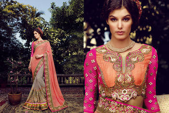 Peach and Grey embroidered net saree with blouse 1