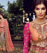 Peach and Grey embroidered net saree with blouse