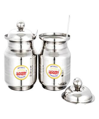 JAGGERY  Stainless Steel Ghee Pot Oil Container with Spoon  Silver Touch Finish (pack of 2pcs) Capacity350ml 1