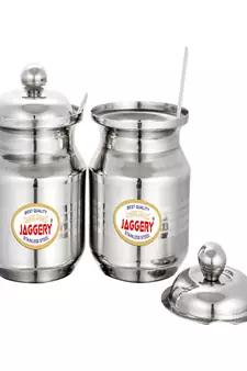 JAGGERY  Stainless Steel Ghee Pot Oil Container with Spoon  Silver Touch Finish (pack of 2pcs) Capacity350ml
