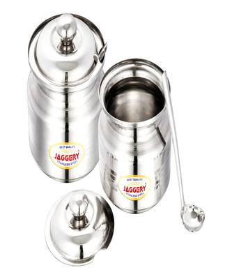 JAGGERY  Stainless Steel Ghee Pot Oil Container with Spoon Silver Touch Finish (pack of 2pcs) Capacity-210ml and 350ml 1