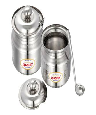 JAGGERY  Stainless Steel Ghee Pot Oil Container with Spoon Silver Touch Finish (pack of 2pcs) Capacity-210ml and 350ml 2