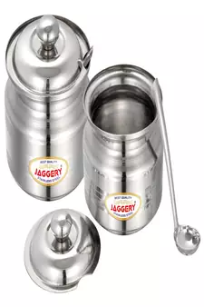 JAGGERY  Stainless Steel Ghee Pot Oil Container with Spoon Silver Touch Finish (pack of 2pcs) Capacity-210ml and 350ml