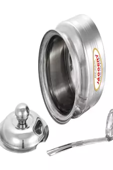 JAGGERY  Stainless Steel Ghee Pot Oil Container with Spoon Silver Touch Finish (pack of 2pcs) Capacity-210ml and 350ml