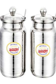 JAGGERY  Stainless Steel Ghee Pot Oil Container with Spoon  Silver Touch Finish (pack of 2pcs) Capacity-350ml