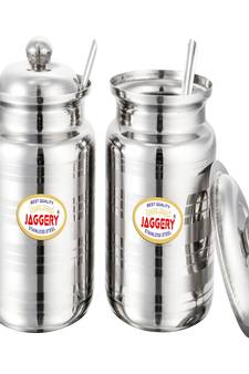 JAGGERY  Stainless Steel Ghee Pot Oil Container with Spoon  Silver Touch Finish (pack of 2pcs) Capacity-450ml