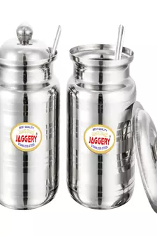 JAGGERY  Stainless Steel Ghee Pot Oil Container with Spoon  Silver Touch Finish (pack of 2pcs) Capacity-450ml