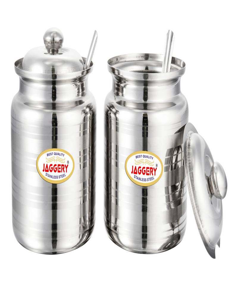 JAGGERY  Stainless Steel Ghee Pot Oil Container with Spoon  Silver Touch Finish (pack of 2pcs) Capacity-450ml