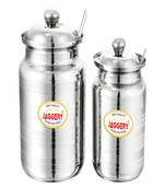 JAGGERY  Stainless Steel Ghee Pot Oil Container with spoon  Silver Touch (pack of 2pcs) Capacity-350ml and 600ml