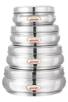 JAGGERY Stainless Steel Belly Shape Conatiner 4pcs (Capacity-300ml 410ml 650ml 900ml ) (Dia-10 11 13 and 14.5cm )