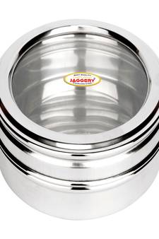 JAGGERY Stainless Steel Chocolate Box Sweet Box Low Height Puri Dabba Container (Dia21cm capacity1000ml)