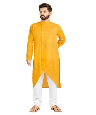 Mohvogue Yellow Colored Cotton Men's Festive Wear Kurta Set. 1