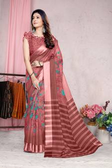 Light Maroon Printed Cotton Saree With Blouse
